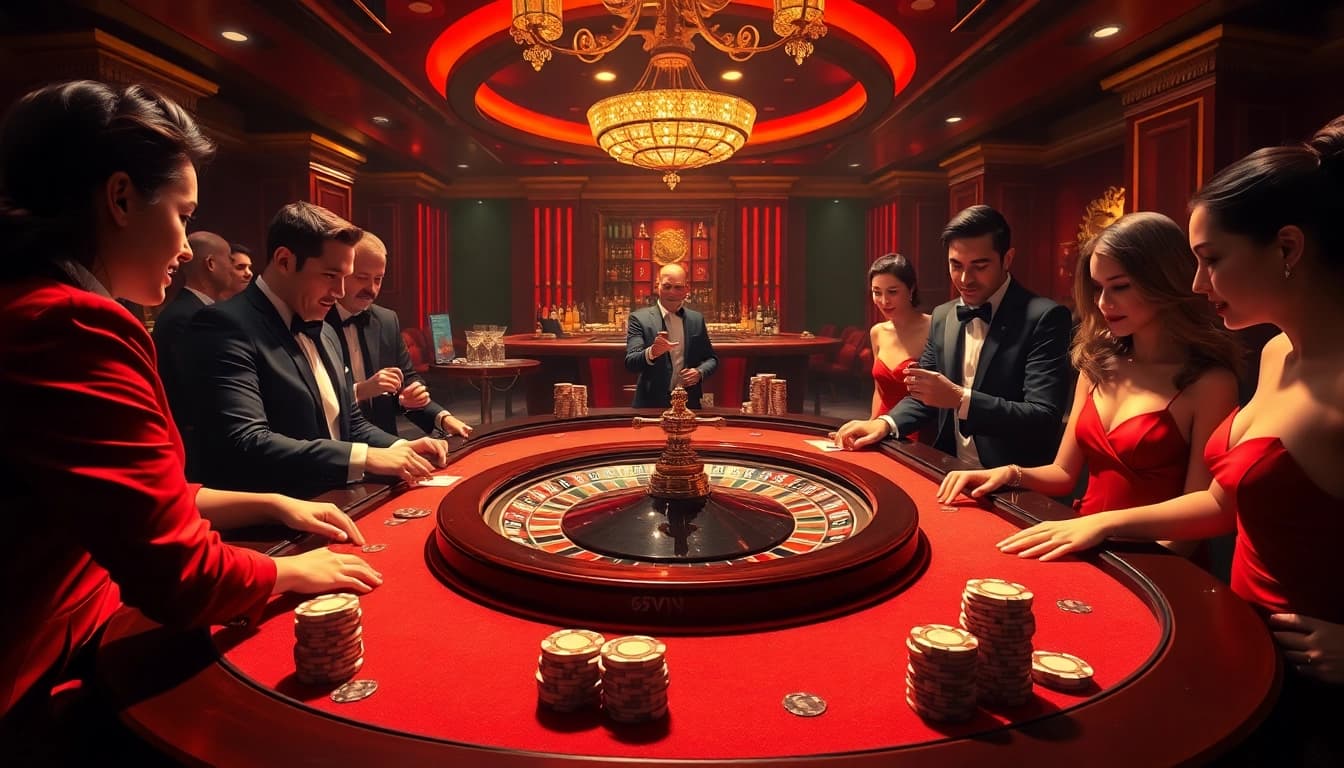 Experience the thrill of a live casino with high-stakes action, featuring 'link vào 69VN' at an elegant roulette table.