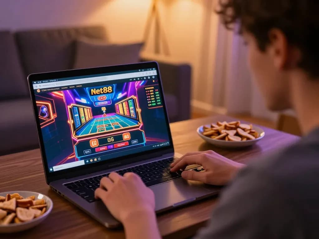 Player enjoying a thrilling session on net88 online casino, showcasing exciting gaming interface and cozy atmosphere.