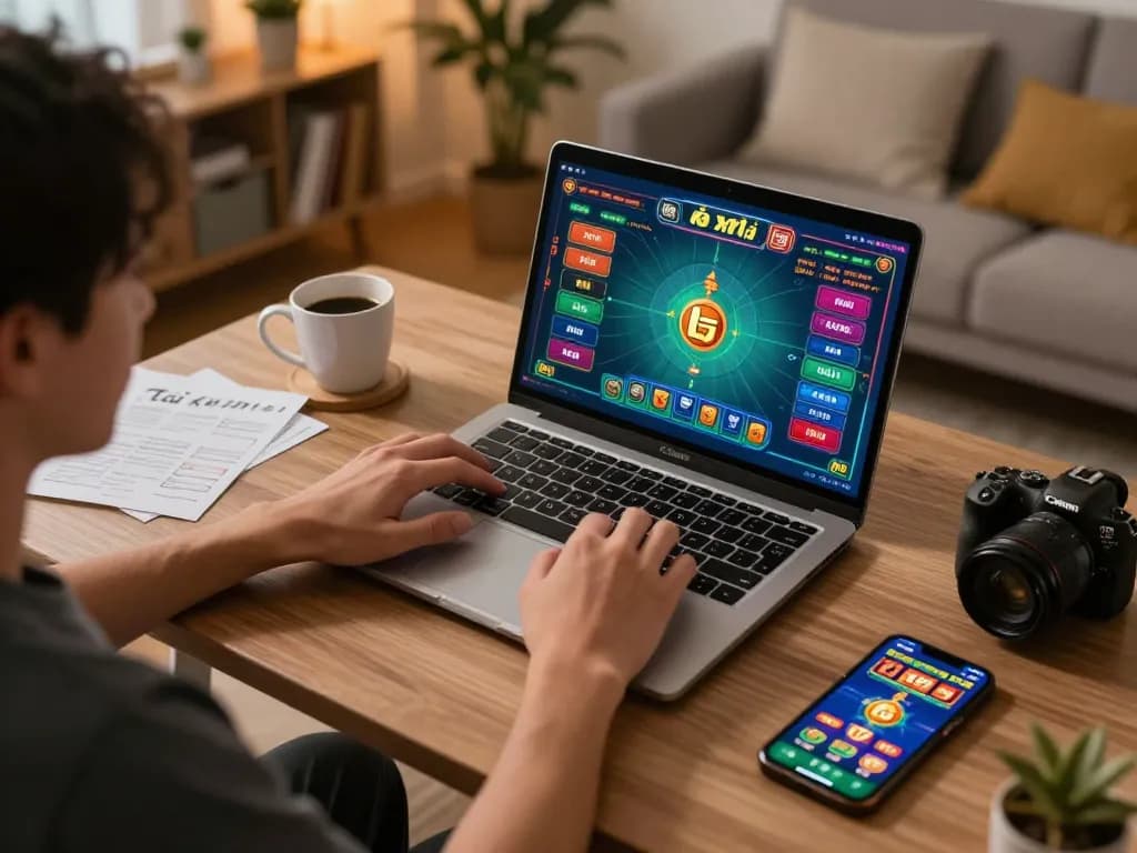 Player engaged in a thrilling Game tài xỉu session using a laptop at home, showcasing betting strategies and excitement.