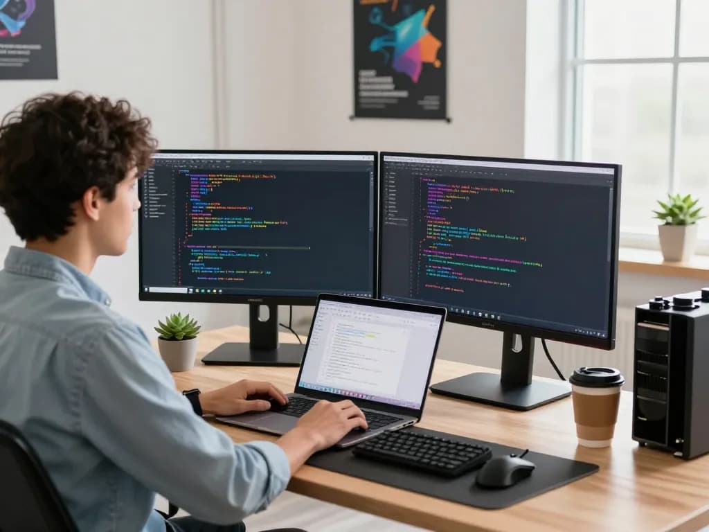 open claw personal AI assistant in a tech workspace with dual monitors and a coding environment