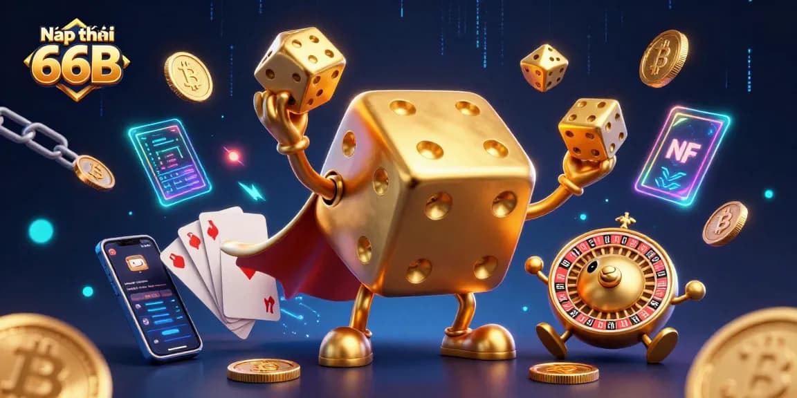 Nạp tiền 66B with golden dice golem and crypto symbols, showcasing a dynamic casino illustration.