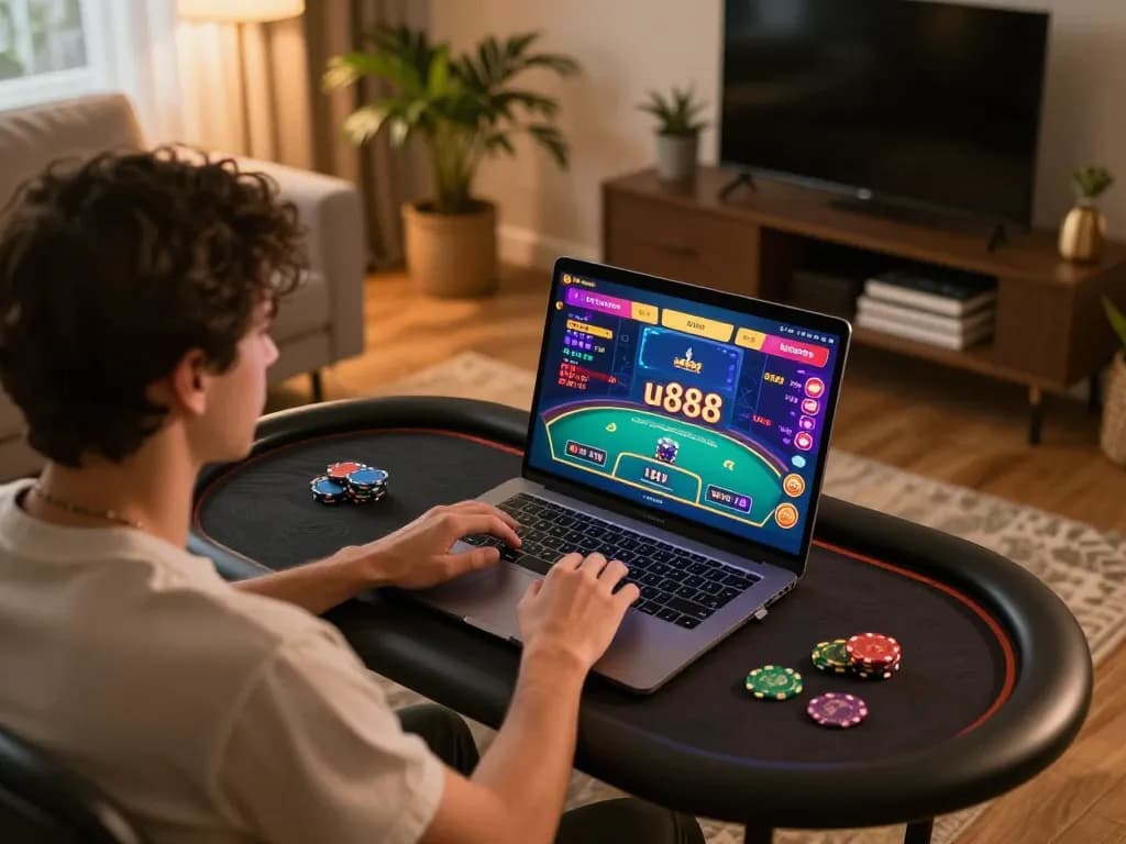 Engaging with u888 online poker gameplay on a laptop in a cozy home setting