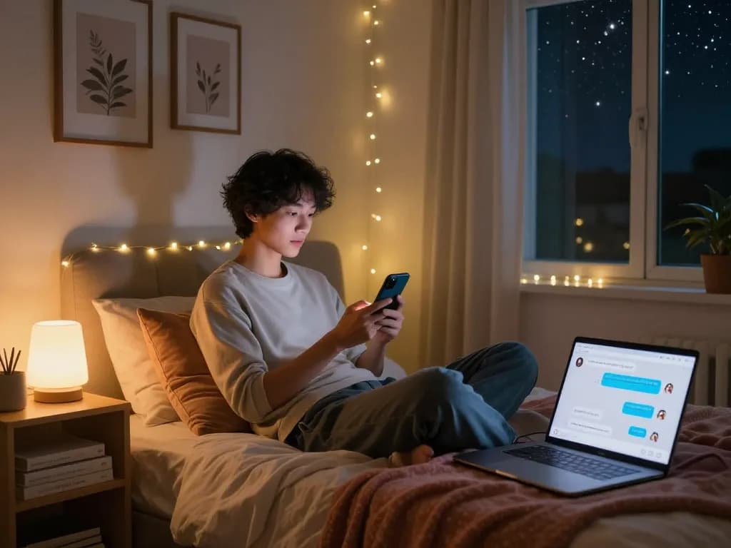Engaging in sex chat ai through smartphone in a cozy bedroom.
