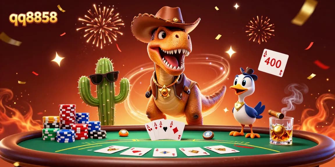 Engage with qq8858 at a vibrant casino scene featuring a T-Rex and cartoon friends enjoying poker.