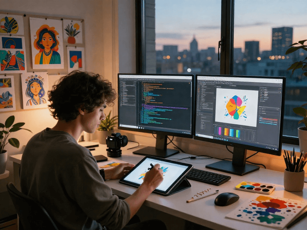 Engaged artist creating AI NSFW art in vibrant digital studio.