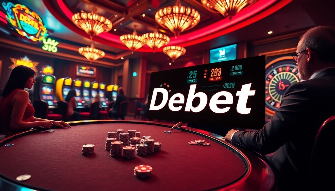 Players engaging in high-stakes poker at a luxury casino, showcasing Debet betting interface.