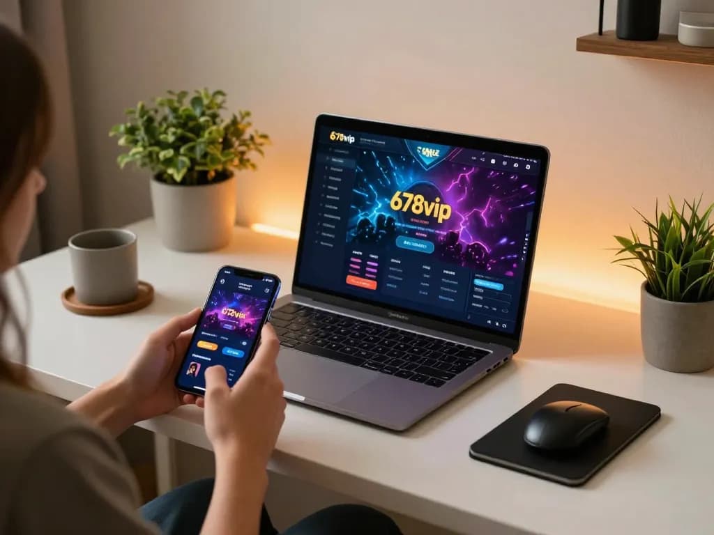 A player engaging with the 678vip online casino platform on a modern laptop while holding a smartphone for seamless gaming.