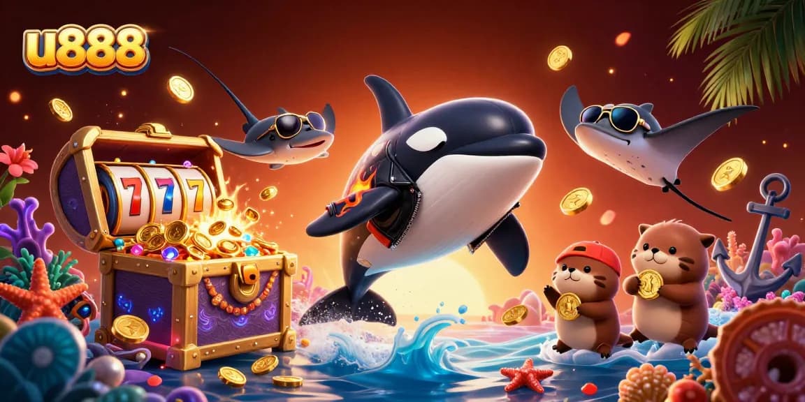 Experience thrilling gameplay at u888 with a vibrant scene of sea characters celebrating winnings in a colorful casino setting.