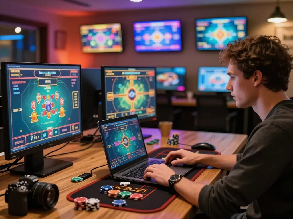 Person enjoying interactive games on dv88 com from a cozy home setup, showcasing online casino excitement and strategy.
