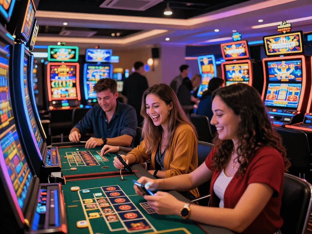 Exciting players at uk casinos not on gamstop engaging with vibrant slot machines and live dealers in a lively atmosphere.