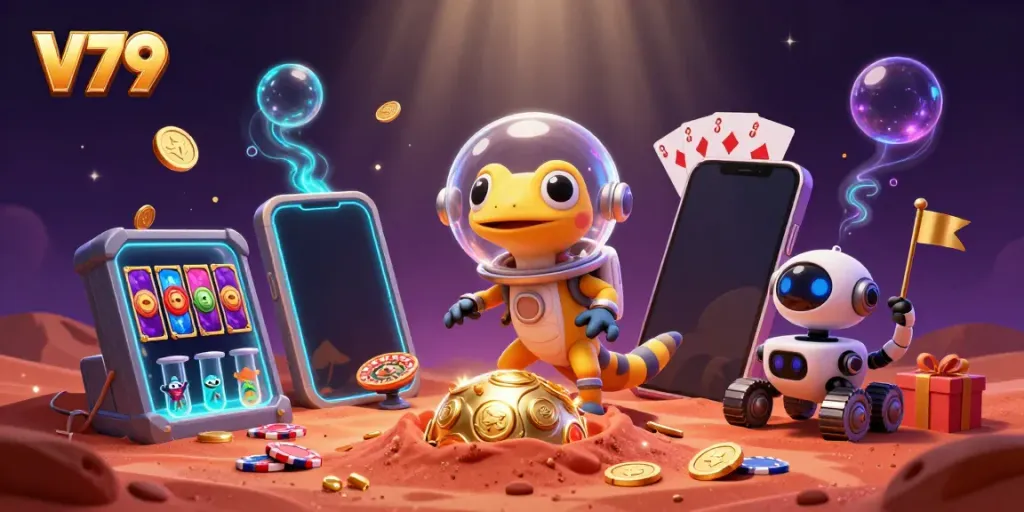 V79 features an alien gecko discovering a casino, surrounded by celebratory bacteria and vibrant slots.