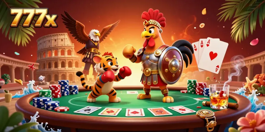 Engage in thrilling poker action with the lively 777x rooster, cub, and eagle in this dynamic casino illustration.