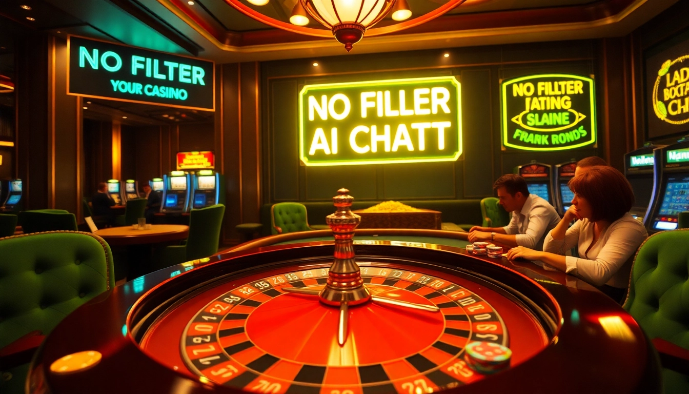 Excited players engaging in a casino environment with a lively "no filter ai chat" scene, showcasing roulette and poker action.