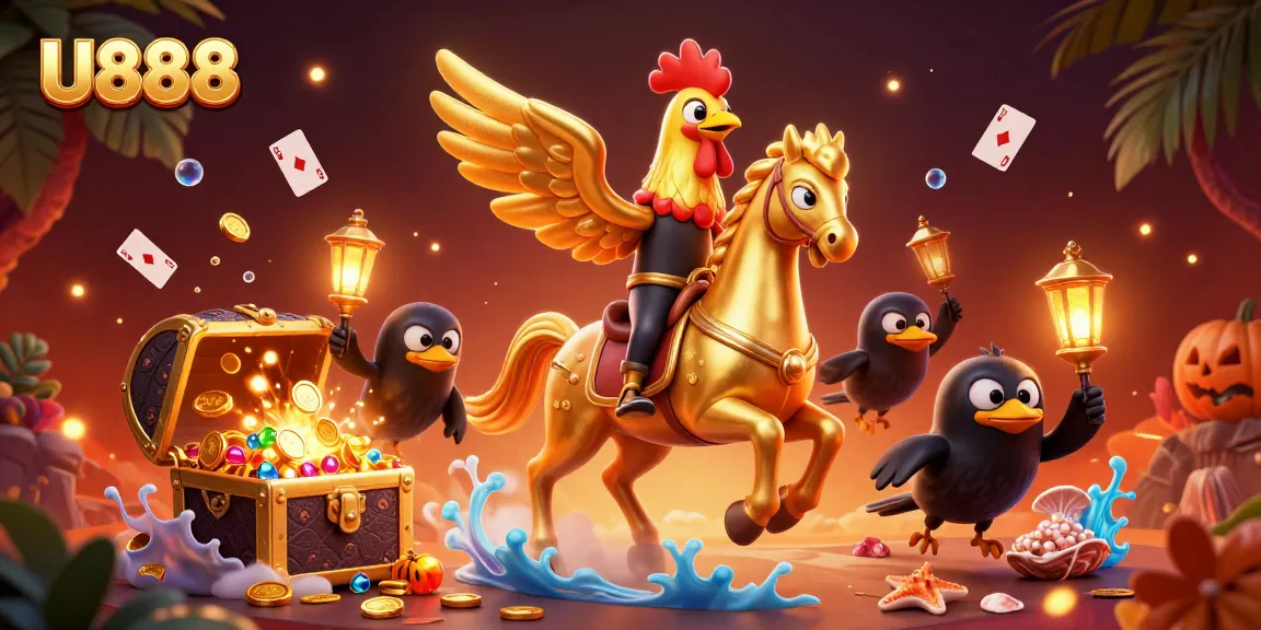 U888 casino illustration depicting a golden rooster riding through vibrant night scenes filled with gaming excitement.