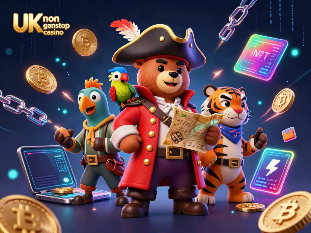 Engage with thrilling action at a UK non gamstop casino featuring pirate characters amidst crypto coins and dazzling effects.