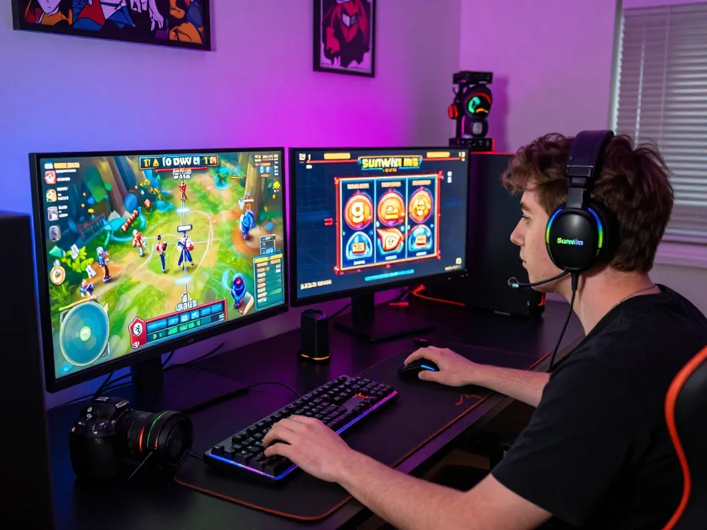 Engaged player experiencing thrilling Sunwin online gaming session with dynamic game graphics and vibrant setup.