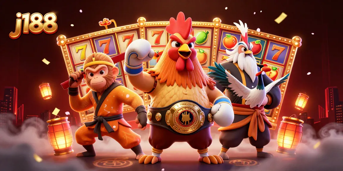 Experience thrilling wins with j188 at a vibrant slot game scene featuring animated characters.