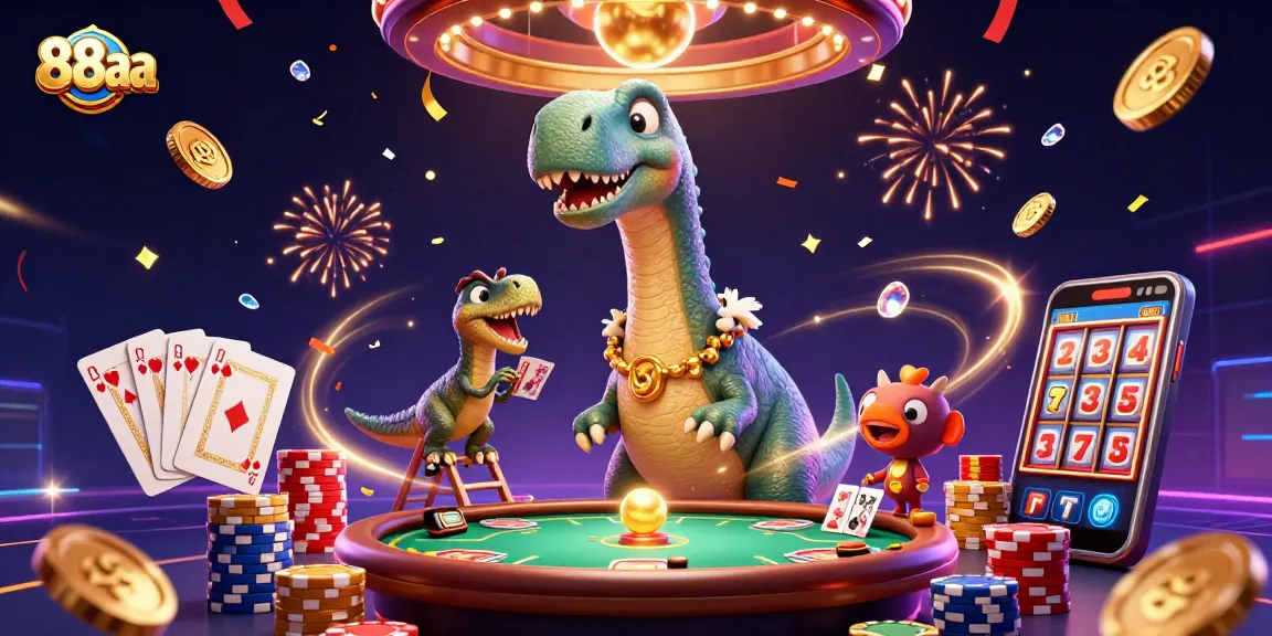 88aa engages players with a vibrant 3D casino scene featuring a brontosaurus and raptor.