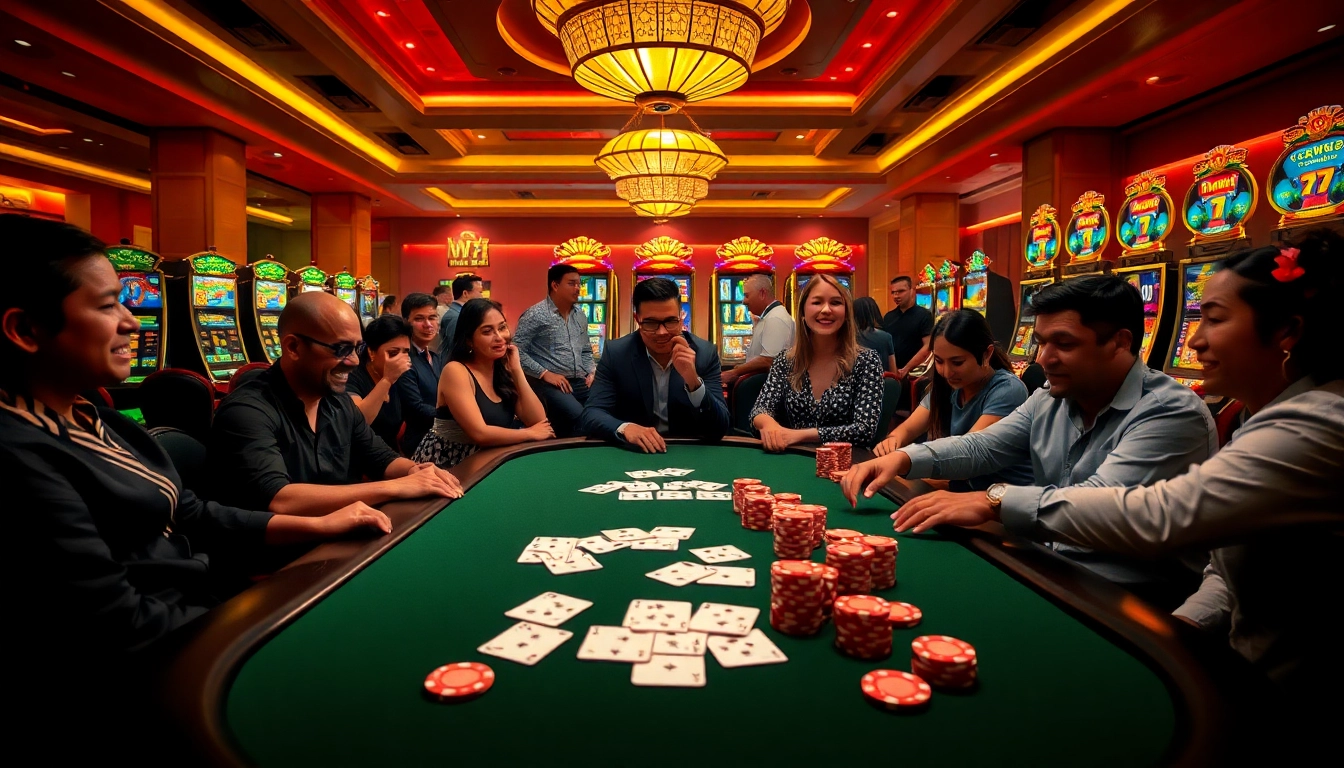 Experience the thrill of gambling at Win79 with vibrant poker tables and colorful slot machines.
