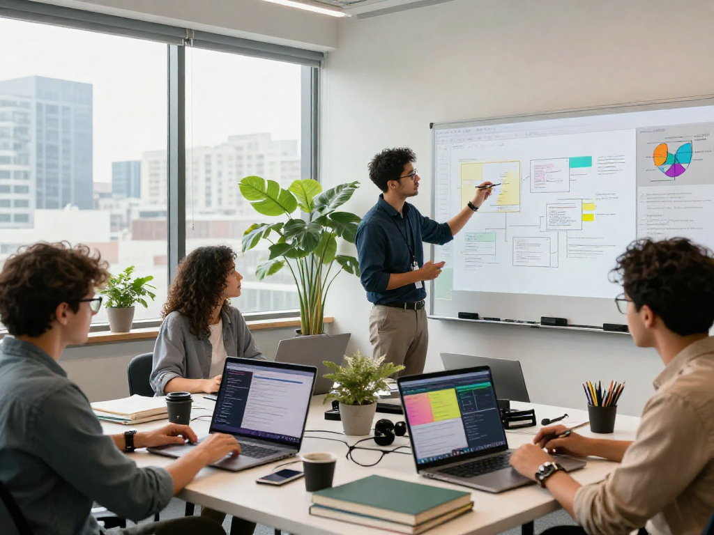 Juicy AI team collaboration in a modern workspace with innovative technology.