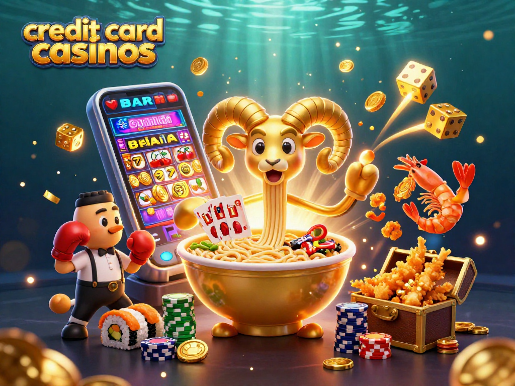 Experience lively interactions at credit card casinos with a playful ramen bowl, gyoza, and sushi dealers amid a jackpot explosion.