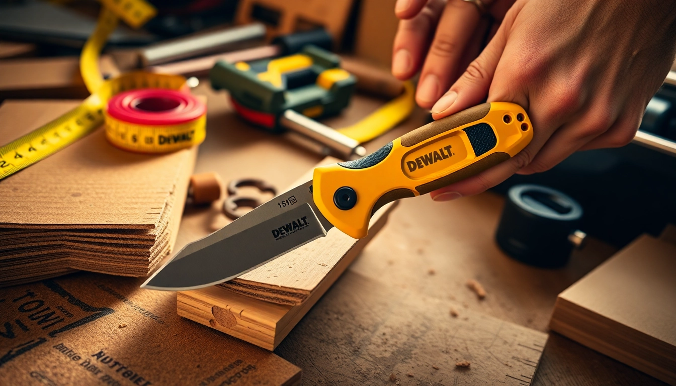 Dewalt knife expertly cutting through wood and cardboard in a workshop.