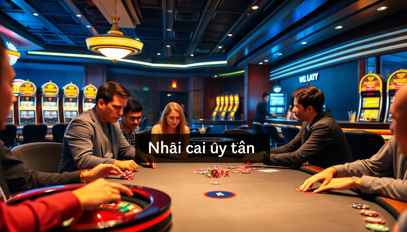 Engaging poker players at a Nhà cái uy tín casino showcase vibrant gambling excitement and trust.