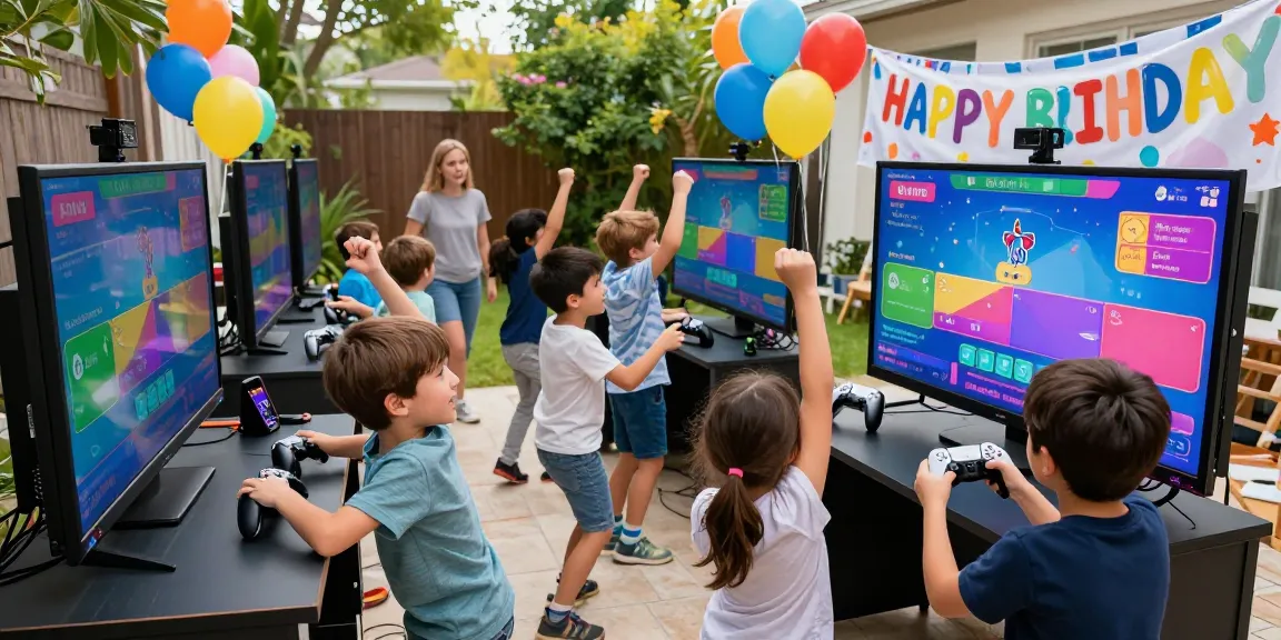 Gaming party London with kids playing on consoles in a festive backyard atmosphere.