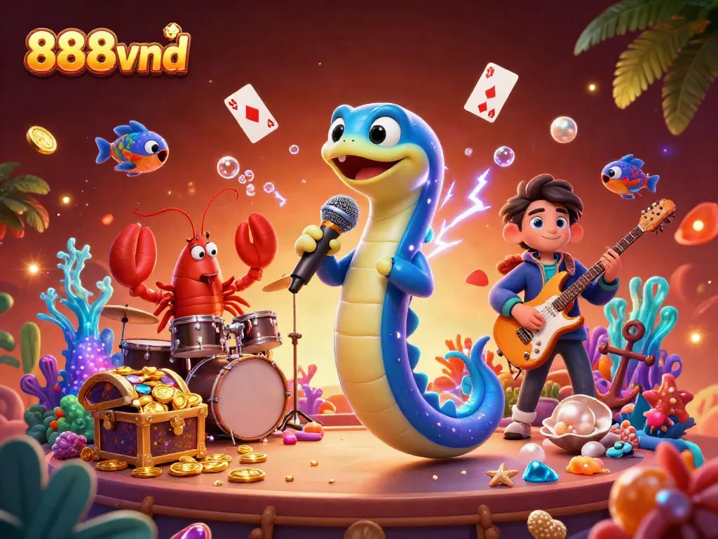 Experience the dynamic underwater casino stage with 888vnd featuring an electric eel DJ and vibrant casino elements.
