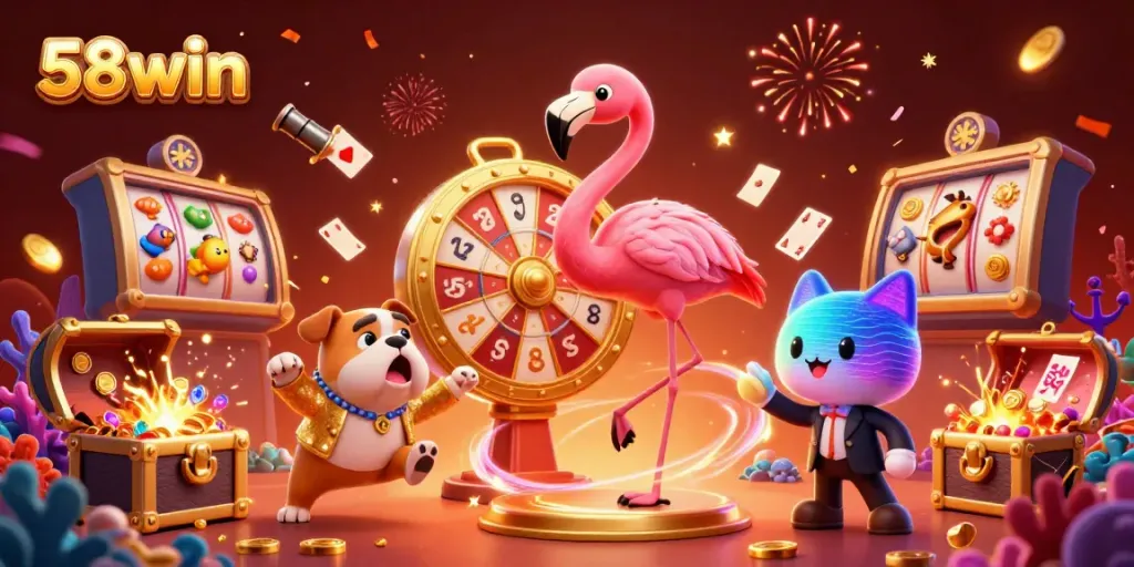 Experience the excitement at 58win with our vibrant casino scene featuring gaming characters and prizes.