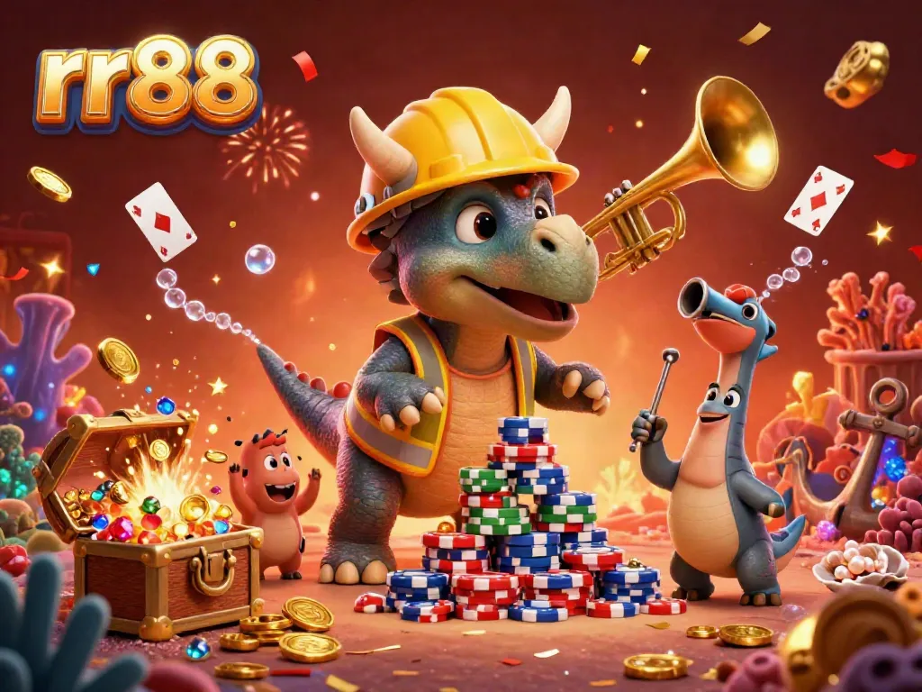 Celebrate at rr88 with vibrant casino-themed characters cheering among sparkling treasures.