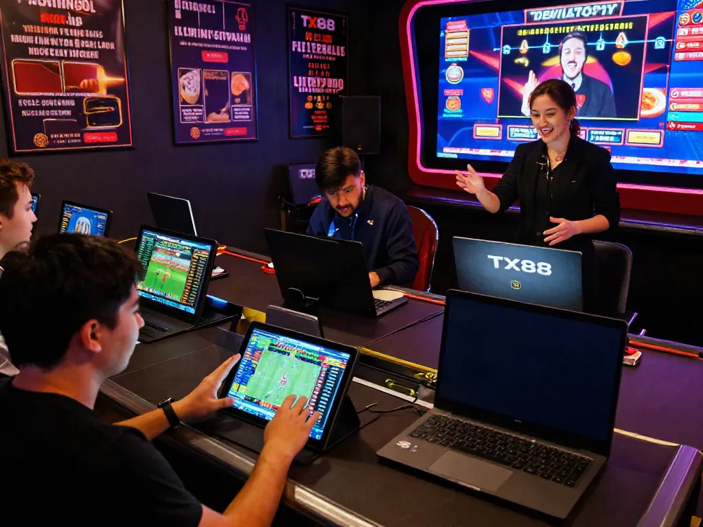 Engaged users enjoying betting on the TX88 platform with vibrant digital displays.