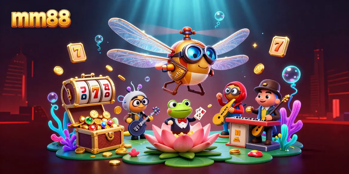 Experience an exciting mm88 casino adventure with a dragonfly pilot, a frog croupier, and vibrant game elements.
