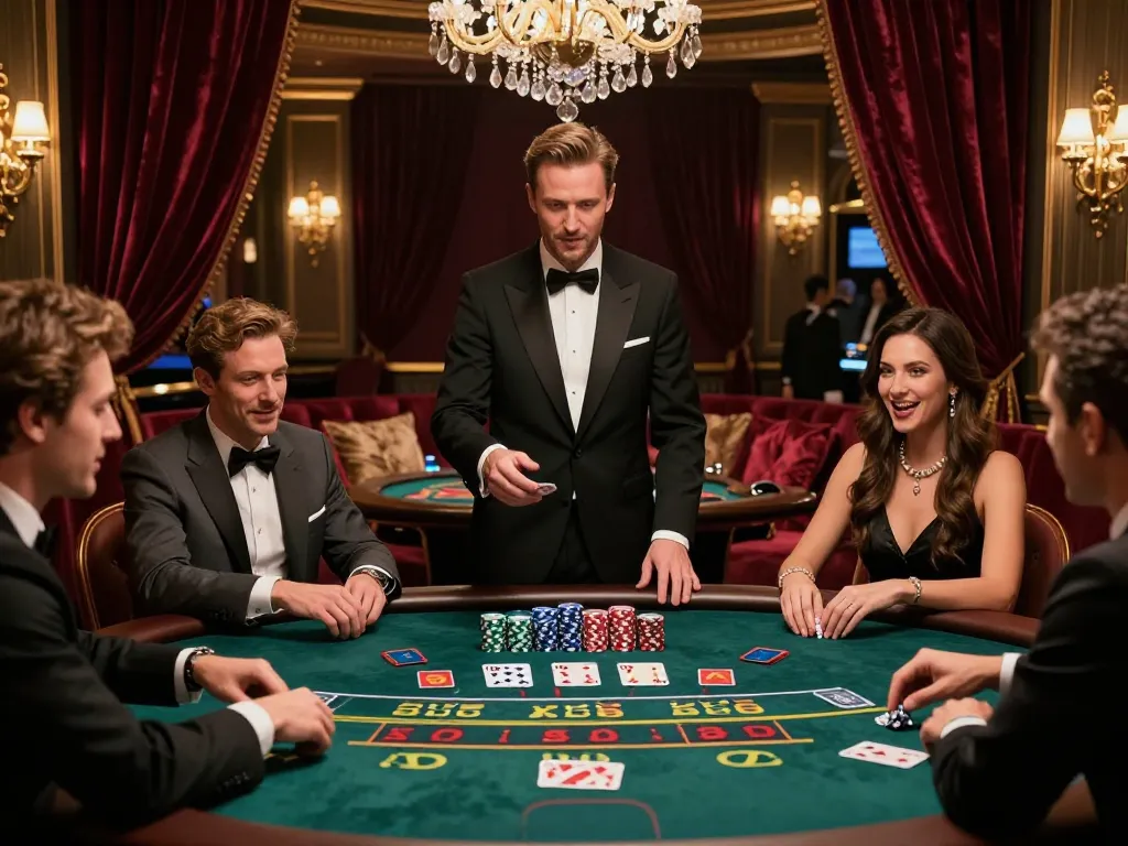 Exciting baccarat gameplay scene at 99ok luxury casino with players and stylish dealer.
