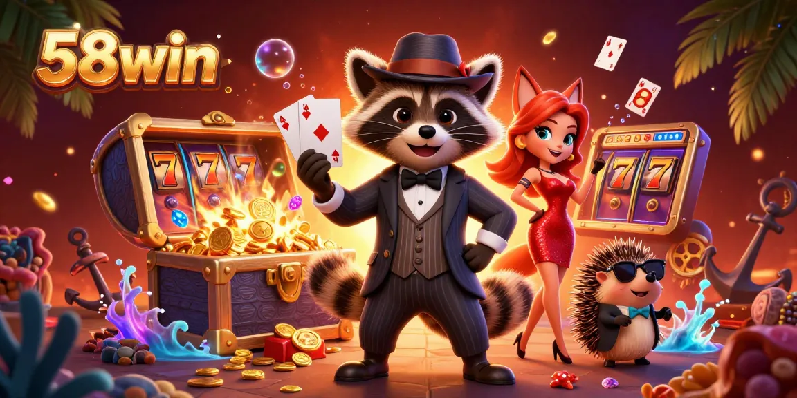 Experience the thrill of 58win with a royal flush in a vibrant casino scene filled with lucky symbols.