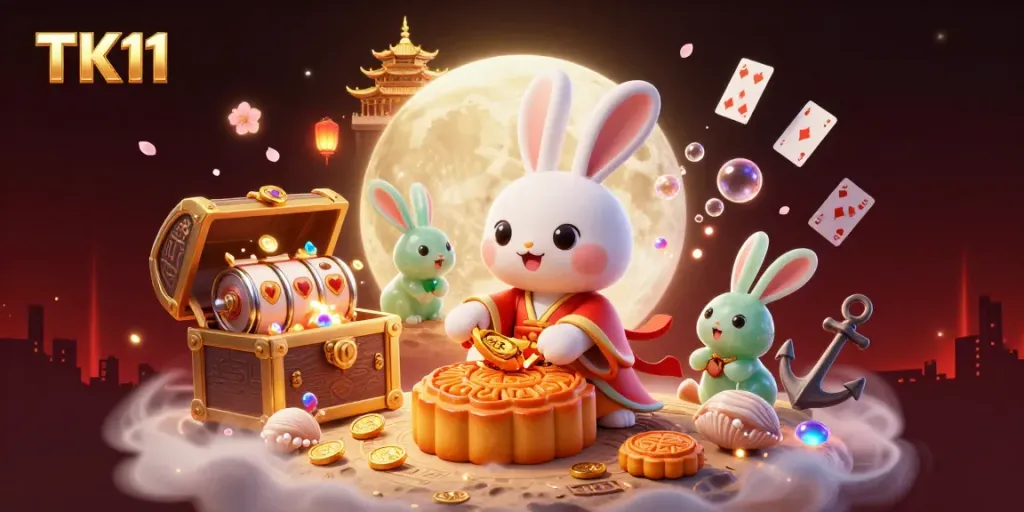 Experience the excitement of TK11 with a colorful 3D illustration of a casino-themed moon scene featuring unique characters.