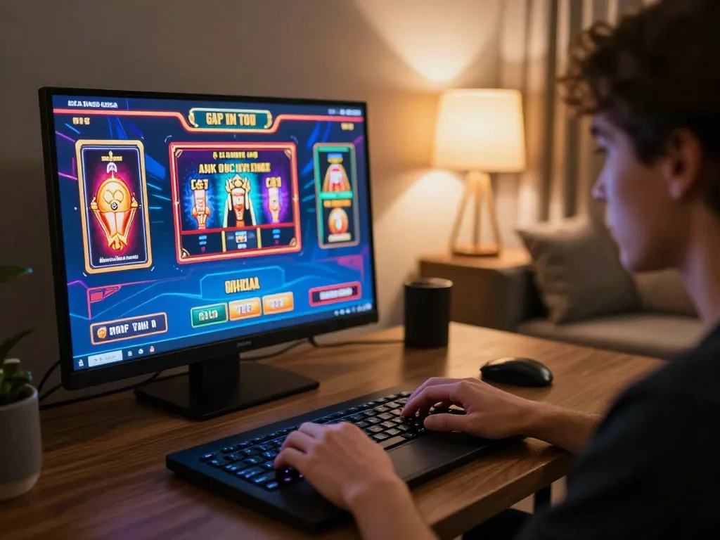 Player engaging in online gaming on 8kbet with vibrant display of poker games in a cozy home.