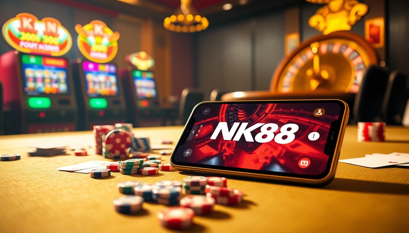 Experience the thrill of the NK88 app with vibrant online casino elements and poker action.
