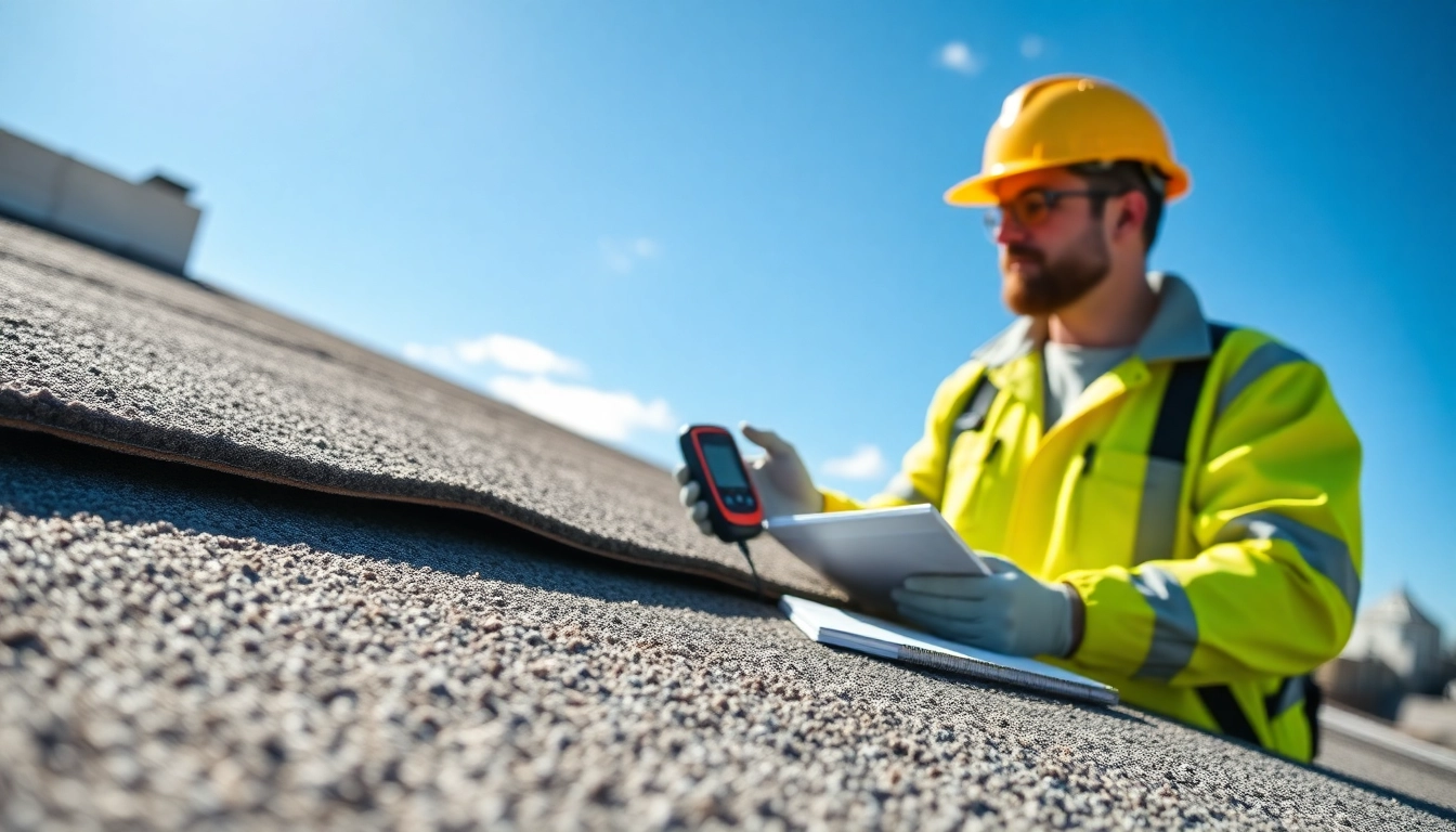Assessing spray foam roof damage with a contractor examining foam texture in a bright urban environment.