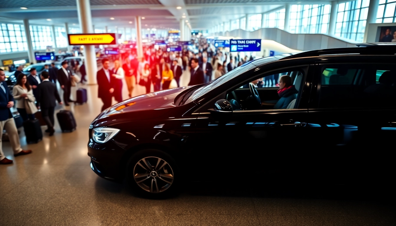 Heathrow Airport taxi service presenting a sleek black cab at terminal arrivals.