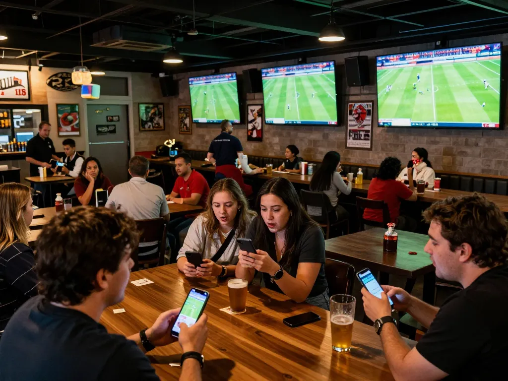 Engaged bettors using mobile apps on their smartphones while watching matches at a lively sports bar, showcasing trang cá cược bóng đá