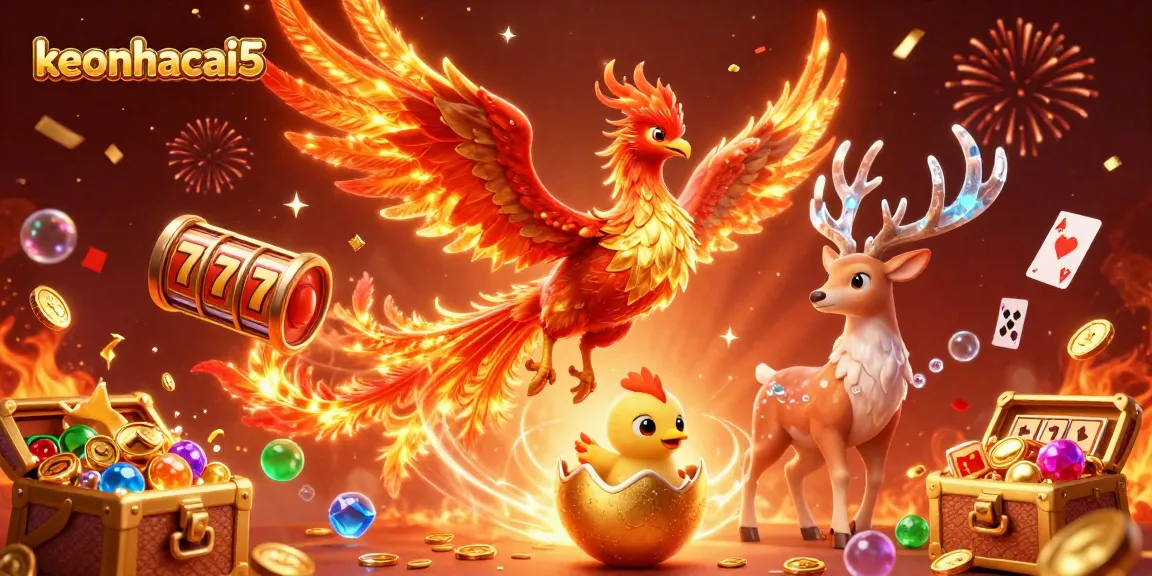 Engage with keonhacai5 through vibrant casino action featuring a mythical fire phoenix and classic gambling elements.