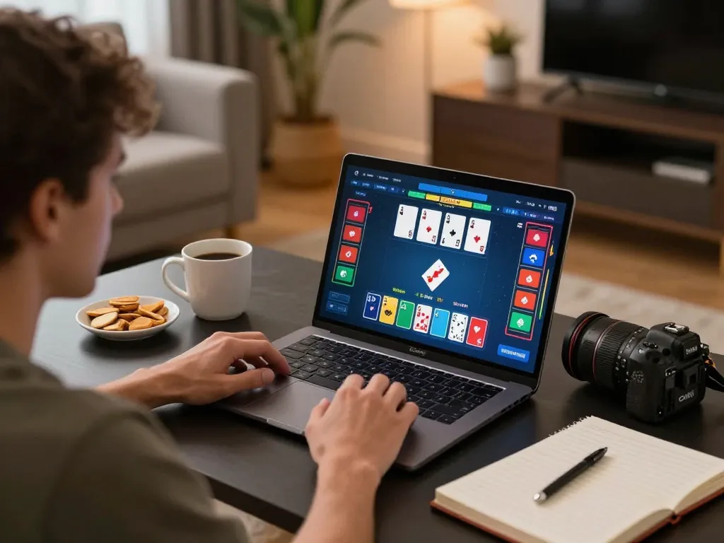 Phtaya player enjoying an exciting poker game on laptop at home, capturing strategic gameplay moments in a cozy setting.
