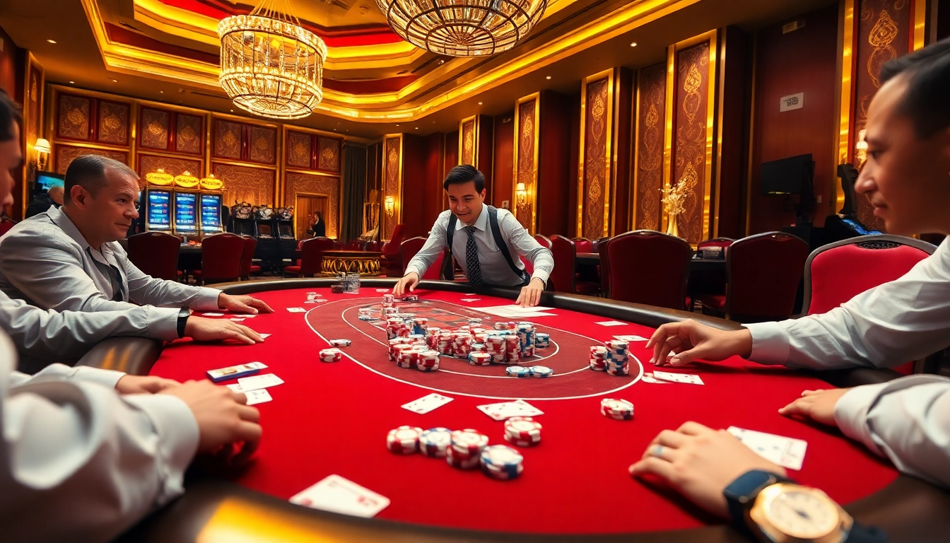 A thrilling scene at a poker table showcases players at https://98win.gg/ betting on high-stakes action.