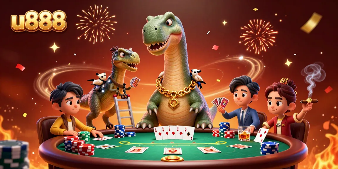 Experience the thrill of u888 with a giant brontosaurus overseeing a poker game, emphasizing dynamic elements and excitement.
