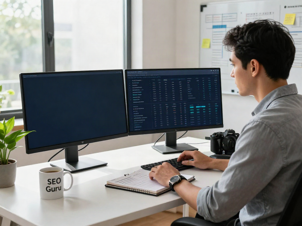 SEO specialist analyzing instant indexing performance in a bright home office.