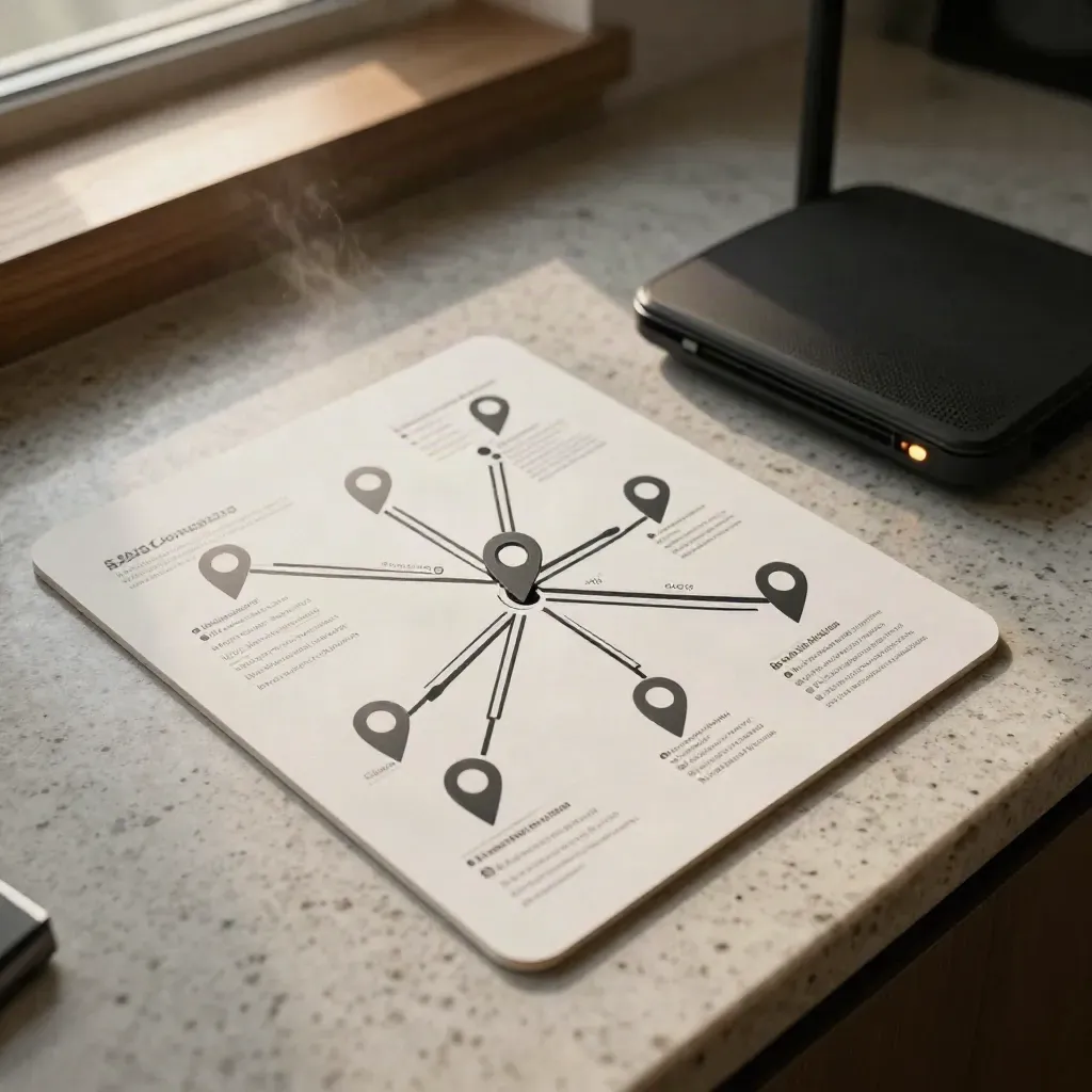 Top-down layout of sitemap cards, location pins, and a glowing router on travertine.