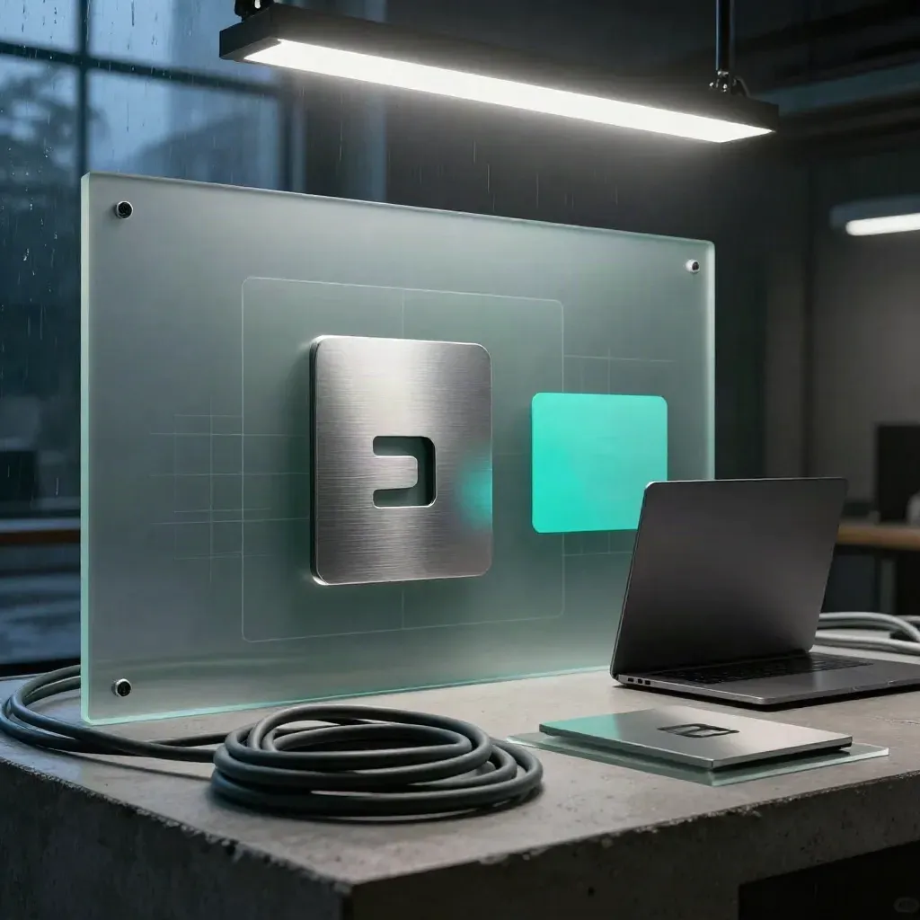 Dark studio tableau of acrylic web mockups, metal logo tiles, laptop and cables in haze.