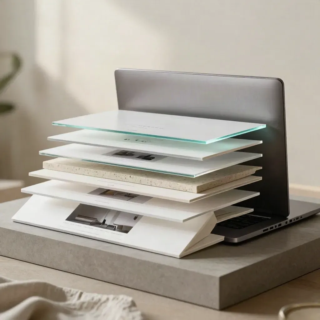 Layered website design boards and a closed laptop in a sunlit studio still life
