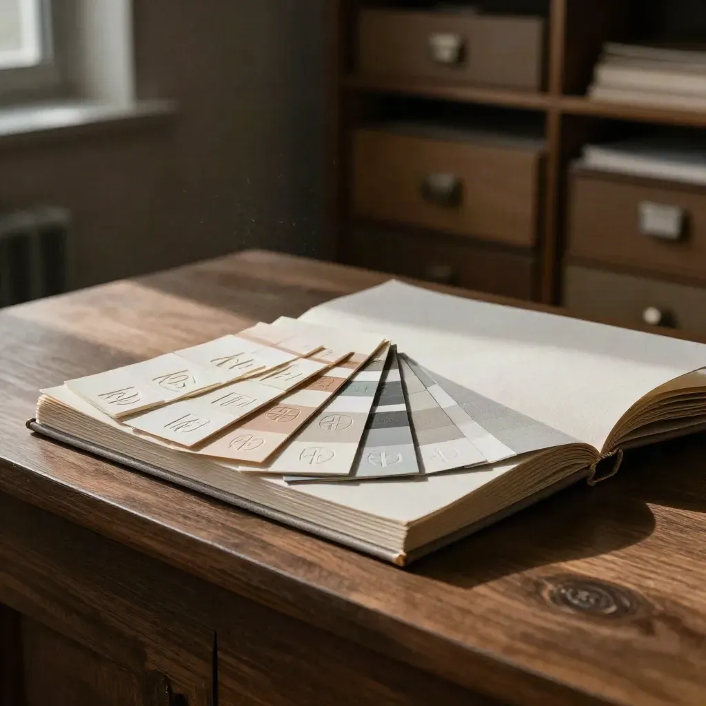 Brand identity materials with swatches, embossed tiles, chips and linen samples on walnut.